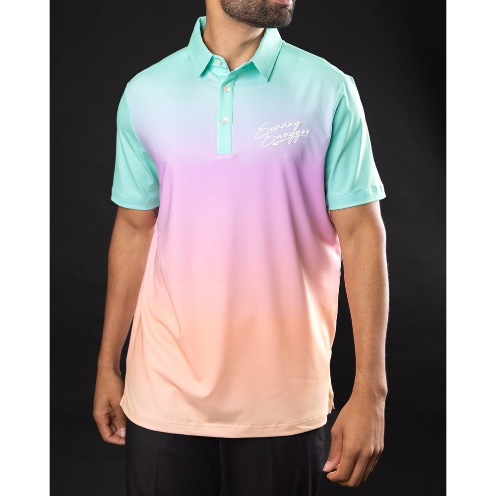 Sunday Swagger Sunset Signature Polo Men L Performance Golf UPF Pink Mint Ombre